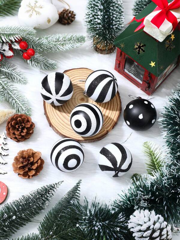 12 Pcs Christmas Ball Ornaments, Black And White Christmas Ball Ornaments 2.36 Inch Xmas Stripe Dot Hanging Ornaments Plastic Glitter Tree Decorations For Christmas Halloween Holiday Party Tree Wreath Decoration