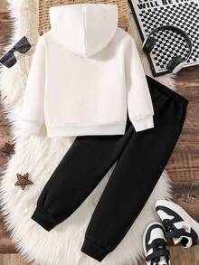 男童卡通印花保暖连帽衫和运动裤套装 - 白色 - 查看 2