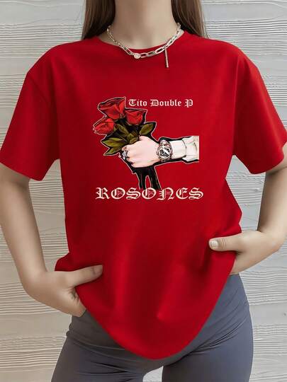 Rosas Negras Camisa de T con estampado digital de 220 gramos Tito Double P y Rosones 1 unidad de 100% algodón puro Camiseta casual de manga corta para mujer de talla grande Estilo urbano moderno y juvenil, ¡la mejor moda!