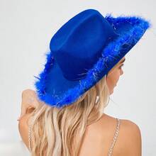 Womens Cowboy Hat, Adult Solid Color Furry Trim Wide Brim Hat Female Cap For Dating Party - Frayed Silver Blue - View 6