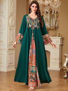 Women's Abaya Robe Muslim Long Sleeve Embroidered Elegant Robe, Casual Patchwork Loose Fit Dubai Style