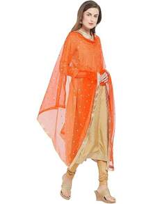 Woman's Embellished Net Dupatta Scarf Shawl Wrap Soft Bridal Wedding - Orange - 查看 1