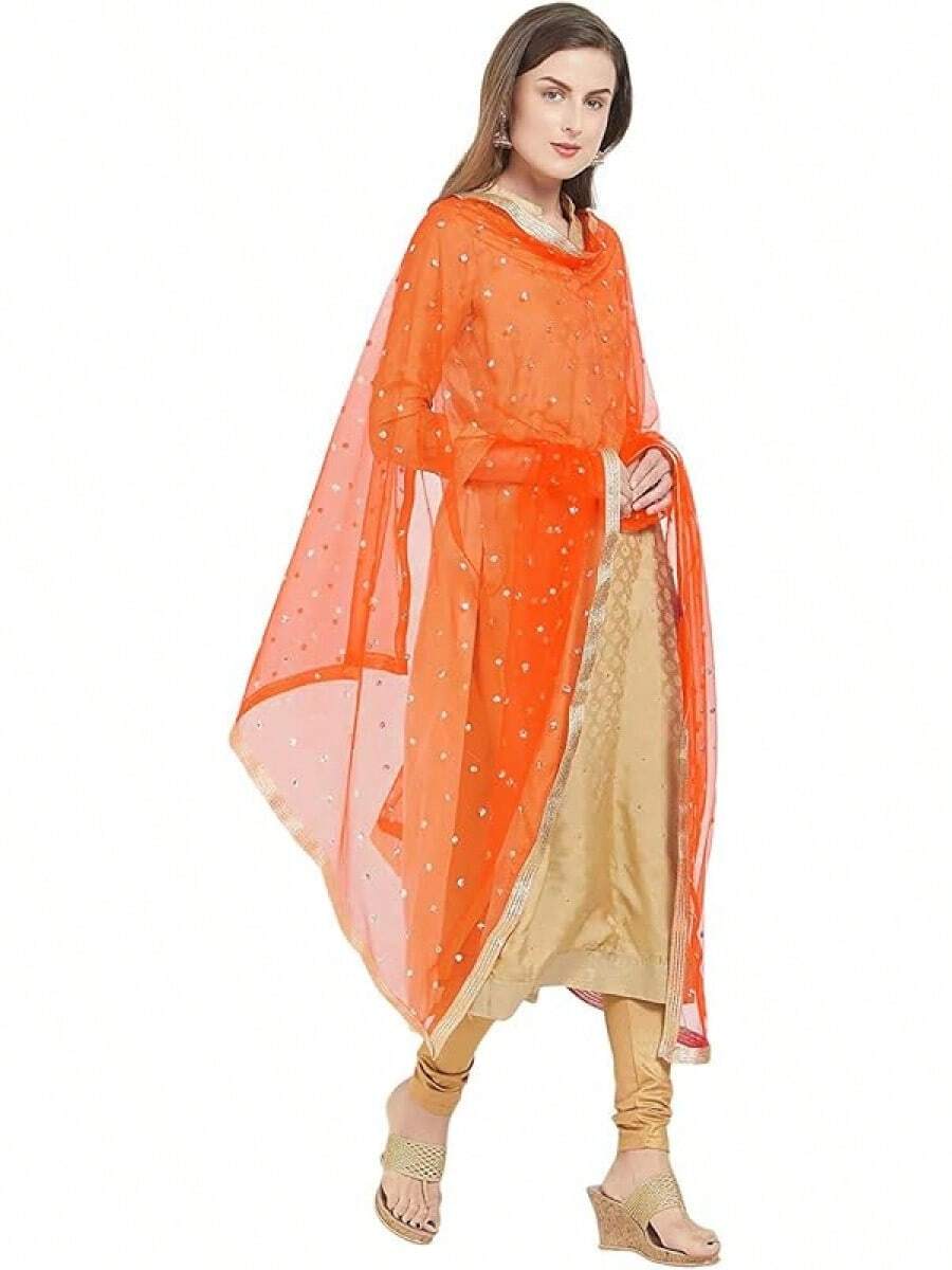 Woman's Embellished Net Dupatta Scarf Shawl Wrap Soft Bridal Wedding - Orange - 查看 1
