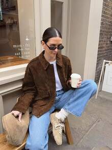 秋冬飞行员夹克女士外套麂皮夹克女士街头服饰假日女士大衣拉链新款大衣 - 咖啡棕 - 查看 6