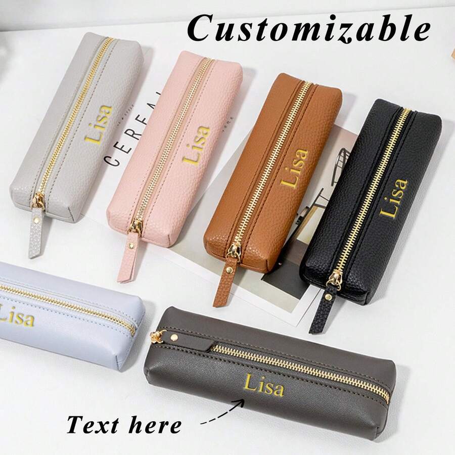 Costomized Letters PU Pebble Leather Office Zipper Pen Case, Personalized Student Pencil Bag, Large Capacity Handmade Creative School Stationary Organizer Pen Bag Pouch, PU Storage Peicil Case - Brown - View 1