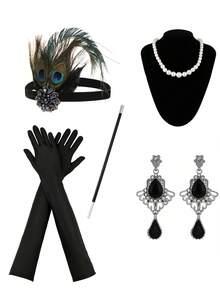 7 件 20 世纪 20 年代轻佻女郎派对头饰、耳环、手套、手镯，5 件套优雅复古服装套装，适合女士舞会万圣节