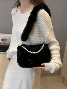 Geantă de mână plisată din pluș, la modă, cu decor de lanț de perle, culoare solidă, geantă de umăr portabilă pentru femei, potrivită pentru toamnă/iarnă, ideală pentru cadouri de sărbători