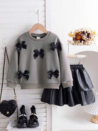 Young Girl Casual Commuting Round Neck Bow Sweatshirt Paired With Elegant Solid Color Cake Skirt 2 Pieces Set, Suitable For School, Daily Wear, Outdoor, Commuting, Vacation, Photography
