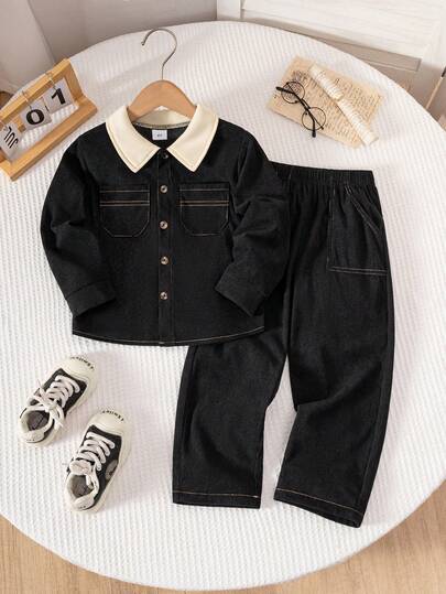 Boys & Kids Corduroy Casual Colorblock Long Sleeve Shirt And Cargo Pants Set, Suitable For Daily Gatherings, Vacation, And Outdoor Activities