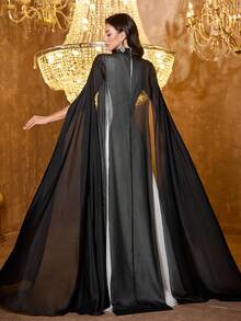 Vestido de noche maxi de mujer UNITHORSE con cuello alto, manga extra larga, aplicaciones, imitación de lyocell, ajuste ceñido y temperamento, vestido de novia - Blanco y Negro - Ver 4