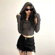 Women's Ripped Hoodie Sweater Vest Hollow Out Hooded Crop Top Knit Pullover Streetwear With Oversleeve - 白色 - 查看 10