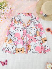 2pcs/Set Girls & Teens Casual Cartoon Cat Print Lapel Long Sleeve Cardigan And Pants Sleepwear Set, Flame Retardant, All Season