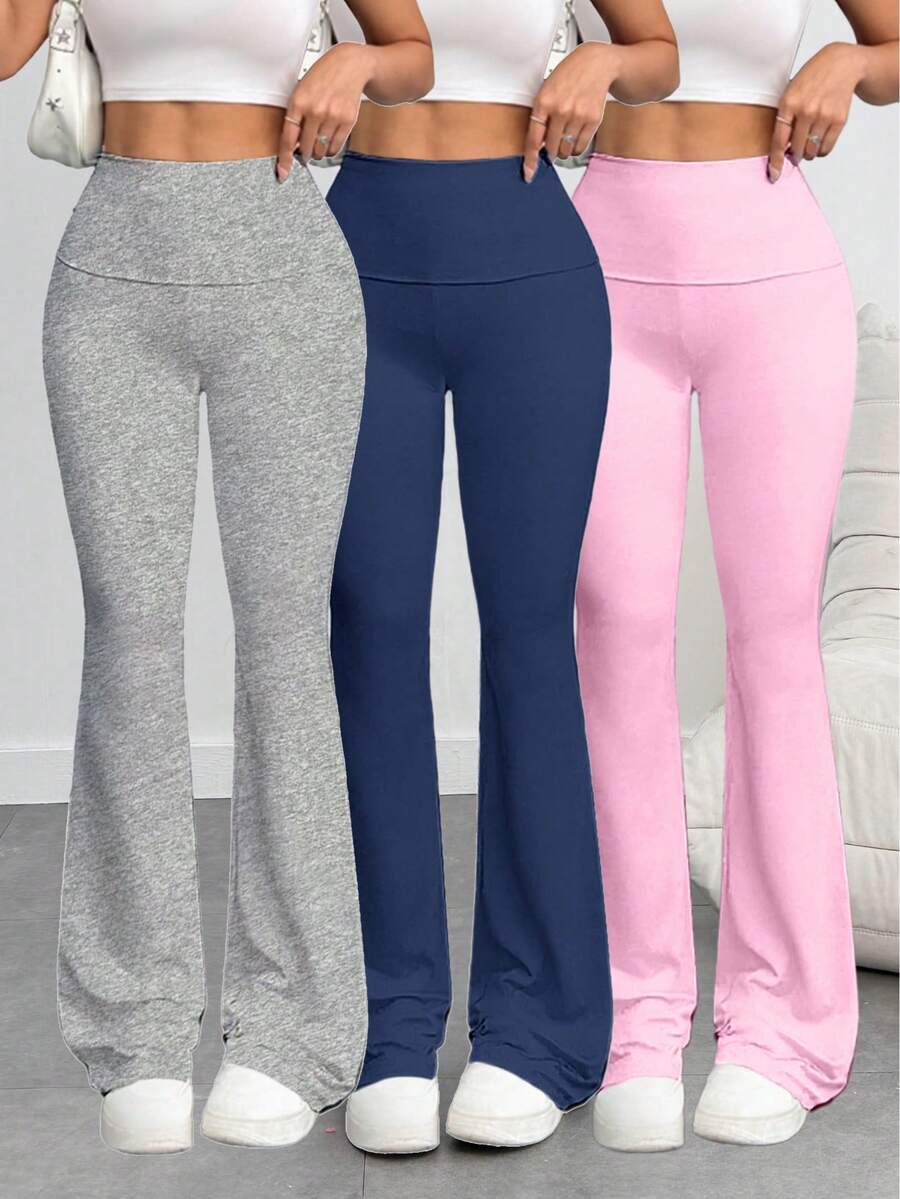 Women's 3-Piece Casual Solid Color Wide-Waist Flare Pants, Leggings Fold-Over Waist High Waist Ruched Slim Fit,Outdoor Clothing Fall Outfits For Women - 淺色 - 查看 1