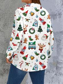 قميص نسائي كبير الحجم بطباعة عيد الميلاد وأكمام طويلة