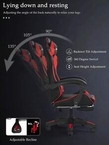 Ergonomic Gaming Chair With Footrest Computer Gaming Chair Height Adjustable With Footrest 360° - 紅色 - 查看 3