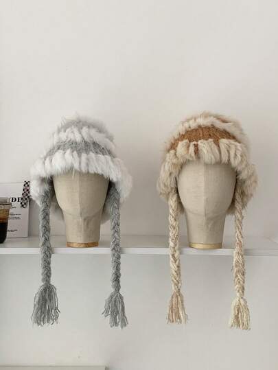 加厚保暖针织兔毛护耳帽，适合秋冬旅行摄影，蓬松兔毛混纺保暖护耳针织帽，小头围