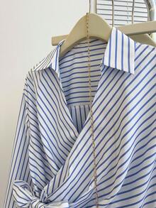 White Striped Long Sleeve Tie-Waist Bow Wrap Elegant Slim Fit Blouse For Women, Spring/Summer - White and Blue - View 4