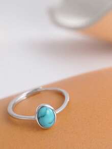 Natural Turquoise 925 Silver Ring Adjustable Stackable Bands 7*5MM Gemstone Blue Vein Stone Handmade Bohemian Jewelry Birthstone Gift