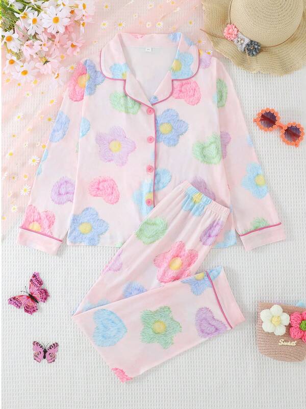 Set de 2 piezas de pijama informal con estampado floral, chaqueta con cuello y pantalones para niñas y adolescentes, retardante de llamas, para todas las estaciones