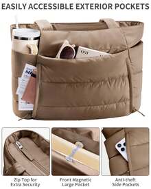 Puffer Tote Bag For Women, Lightweight Puffy Work Handbag Teacher Nurse Quilted Shoulder Bag For School Travel Gym - 深卡其色 - 查看 4