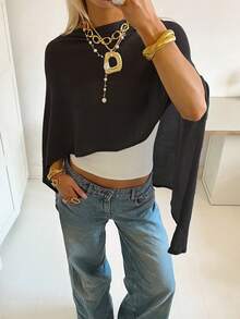 女士不对称披肩领 Y2K 风格蝙蝠袖短款针织上衣，轻薄透气套头毛衣，适合海滩、度假、返校季、春夏穿着 - 黑色 - 查看 4