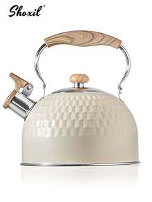 shoxil 1pc 2L Stainless Steel Whistling Kettle, Stainless Steel Tea Pot, Large Capacity Milk Tea Pot With Wooden Grain Handle, Fast Heating, Suitable For Induction Cooktop, Electric Stove And Gas Stove, Auto Whistle Coffee Pot, Home Kitchen - Teapot - View 2