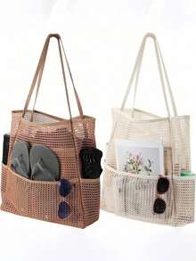 Mesh Beach Bag, Women's Shoulder Tote Bag, Large Capacity Foldable Mesh Swim Bag With Pocket, Bath Swimming Toiletries Storage Bag, Beach And Seaside Entertainment Storage Tote Bag - Multicolor - View 4