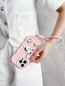 Pink 1pc Cute Panda Design DIY Macaron Mobile Phone Case With Mobile Phone Lanyard - Pink - View 5