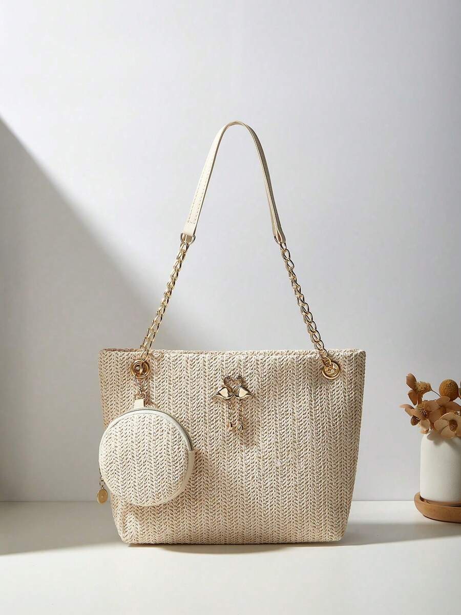 Túi đeo vai 2 trong 1 họa tiết tua rua giả da tối giản, dung tích lớn, đa năng khi đi mua sắm, công tác, đi học, quà tặng cá nhân hóa cho phụ nữ - Màu be - Xem 1