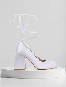 Womens High Heels Sandals Square Toe Satin Slip On Pumps Shoes Chunky Heels Cross Strap Ballerina Shoes Mary Jane Bow French Girl Fashion Party Business Casual Bridal Wedding Dressy Outdoor Street Style Easter Spring Summer Sandals For Women White Heels - 白色 - 查看 5