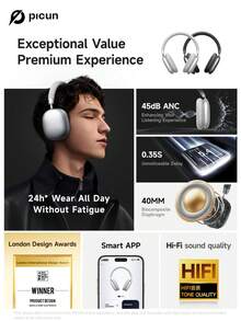 Picun F5 35dB ANC 50H Playtime Custom EQ, Protein-Leather Cushions, Silver, Over-Ear Wireless Headphones With 40mm Drivers Dual-Mic Noise Reduction Foldable Type-C Fast Charge 3.5mm Wired, Compatible With Iphone/Android/PC, Ideal For Travel & Work