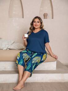 Women's Printed V-Neck Oversized Short Sleeve Pajama Set - Royal Blue - View 3