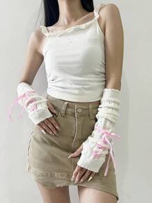 1 Pair Girls Ballet Style Arm Warmers, Autumn/Winter Fingerless Gloves Knitted Arm Sleeves With Criss-Cross Ribbon Tassel Decor, White Fingerless Gloves Arm Sleeves, Black Knitted Gloves, Y2K Streetwear Style - 251# - View 12