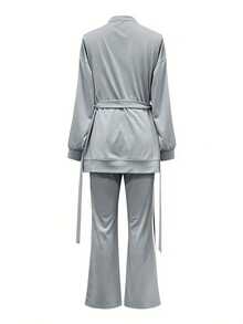 Women's New Versatile Fashion Side Stripe Casual Two-Piece Suit, Long Sleeve Round Neck Snap Button Belt Pocket Jacket And Waist Casual Wide-Leg Pants, Machine Washable, Suitable For Daily Wear - 灰色 - 查看 5