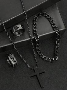 4 Pieces/Set Hip-Hop Fashion Men's Jewelry Set, Cross Necklace, Bracelet And Personalized Ring (Size: 7-12), Stainless Steel Material, No Fading, No Allergy, Suitable For Parties, Daily Life, Dating. The Best Jewelry For Holiday Gifts