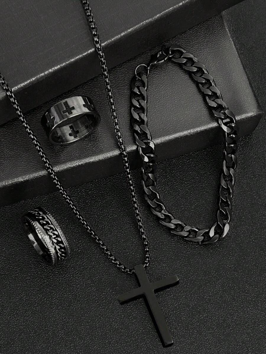 4 Pieces/Set Hip-Hop Fashion Men's Jewelry Set, Cross Necklace, Bracelet And Personalized Ring (Size: 7-12), Stainless Steel Material, No Fading, No Allergy, Suitable For Parties, Daily Life, Dating. The Best Jewelry For Holiday Gifts