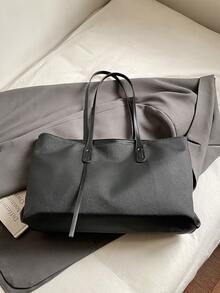 1 件黑色时尚简约大容量撞色拉链开合女士手提包，休闲百搭商务包适合日常使用、通勤、工作、学校，时尚纯色手提包，易于搭配各种服装，方便旅行收纳 - 黑色 - 查看 5