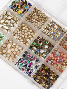 550PCS Nail Art Rhinestones Kit - 12 Designs Press-On Nails Decor With Gold/Silver Metal Base 3D Nail Charms, Mini Pearls & Crystals For DIY Acrylic Nails | Salon-Quality Round & Square Gems And Pearls, DIY Nail Supplies - Multicolor - View 3