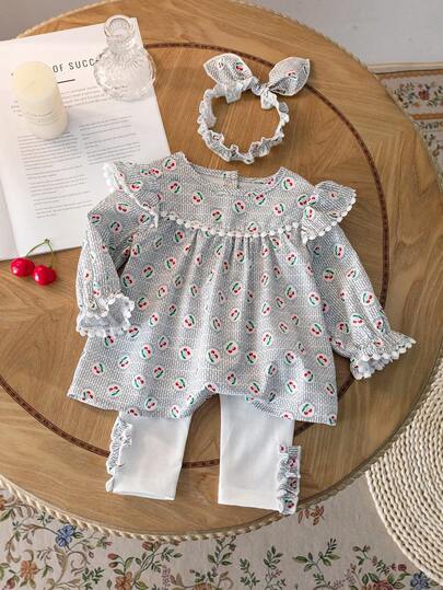3pcs/Set Baby Girls' Princess Style Long Sleeve Cute Outfit Set, Top, Pants And Headband, Spring/Autumn