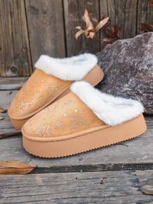 Botas cortas de mujer de unicolor con forro de peluche y falso pelo, botas de nieve para el hogar en invierno