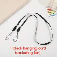 1个带手机支架和挂绳的手持风扇，小巧便携，可作桌面风扇，USB充电电池供电，LED显示屏，5档风速，90°可调节，强劲凉爽气流，静音设计，适合户外旅行、室内办公、车载使用，可折叠，是母亲节、父亲节、毕业典礼、生日、夏威夷主题派对的绝佳礼物