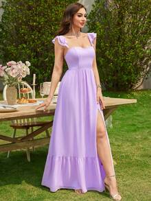 Volly Toych Lilac Purple Ruffle Strap Chiffon Elegant Maxi Formal Bridesmaid Dress,Wedding Guest Dress