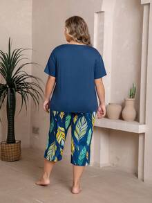 Women's Printed V-Neck Oversized Short Sleeve Pajama Set - Royal Blue - View 2
