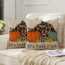 2 piezas (solo funda de almohada, sin relleno) Fundas decorativas de almohada con estampado de leopardo y cuadros de estilo de pintura al óleo vintage con diseño de calabaza, de lino cuadrado, adecuadas para dormitorio, sofá, sala de estar, oficina, hotel, granja, decoración de fiestas, Acción de Gracias, Día del Trabajo