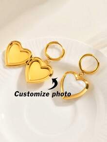 2pcs Personalized Laser Engraved Stainless Steel Heart-Shaped Photo Frame Earrings For Women, Friendship, Sisters, Thanksgiving, Christmas Gift