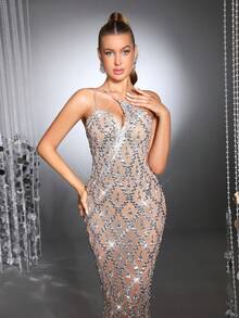 Luxury Handmade Beaded Sequin Sexy Asymmetrical Shoulder Sleeveless Mesh Sheer Fitted Dress, Women's Formal Evening Gown For Wedding Guest, Bridesmaid, Party, Holiday - Apricot - View 8