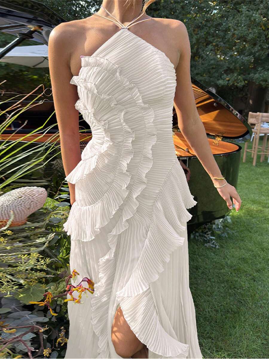 Women Ruffle Hem Pleated Sheer Mesh Long Maxi Dress Sleeveless Halter Neck Irregular Tiered Flowy Long Maxi Dresses For Wedding Guest Summer Holiday Beachwear - 米色 - 查看 1