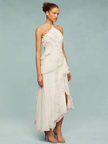 Women Ruffle Hem Pleated Sheer Mesh Long Maxi Dress Sleeveless Halter Neck Irregular Tiered Flowy Long Maxi Dresses For Wedding Guest Summer Holiday Beachwear - 米色 - 查看 3