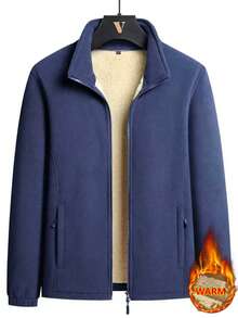 جاكيت كارديجان رجالي بياقة عالية وسحاب - مبطنة بصوف الغنم للدفء، بقصة عادية، مع جيوب مزودة بسحاب للسماكة والدفء الإضافي، مناسبة للارتداء في الطقس البارد. - الأزرق - مشاهدة 1