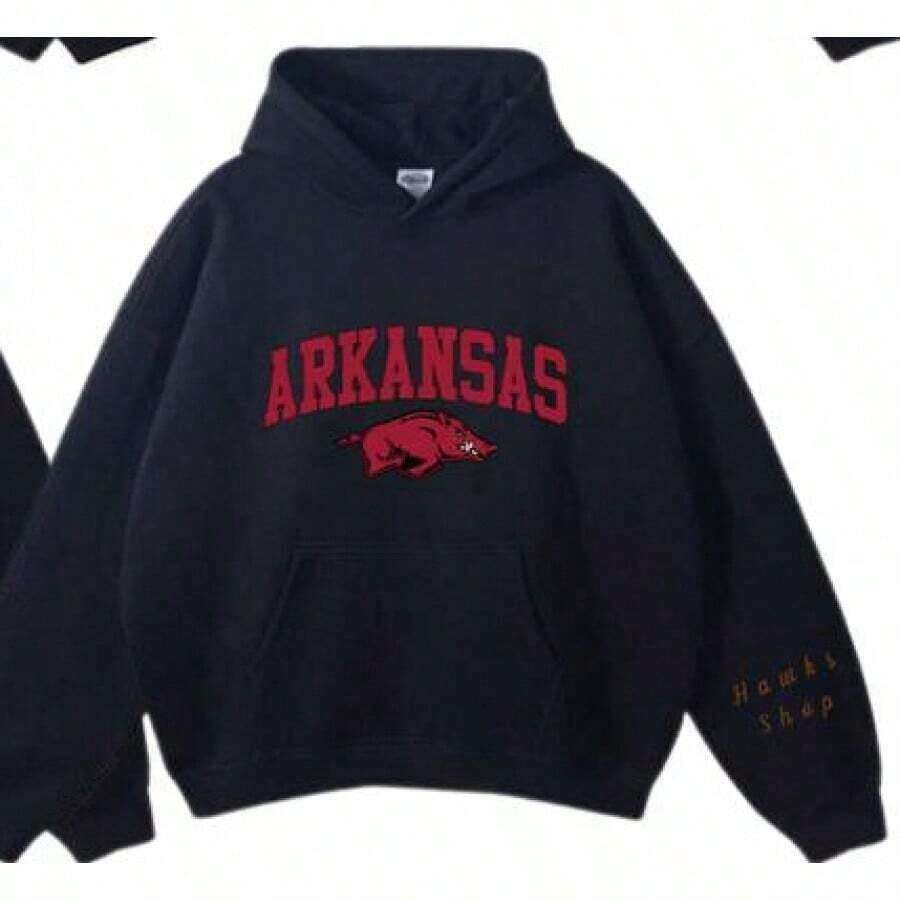 Vintage Sport Teams Collection Unisex Crewneck Black Hoodie, Graphic Team Collection Hoodie, Gift For Fans-New Arrivals For Autumn/Winter: Unisex Relaxed-Fit Cotton-Blend Long-Sleeve Hooded Sweatshirt - 阿肯色州 - 查看 1